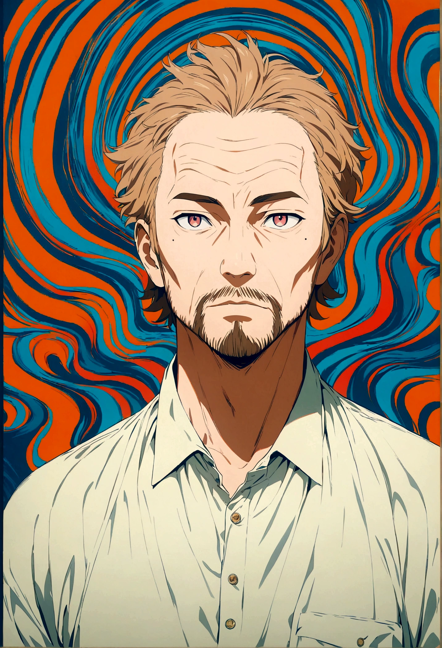 middle-aged man, short hair, estilo anime, light brown hair, mole under eye, facial hair, forehead, cowboy shot, Conceptual art, Op art, anime, masterpiece, accurate, 1080P, 4K