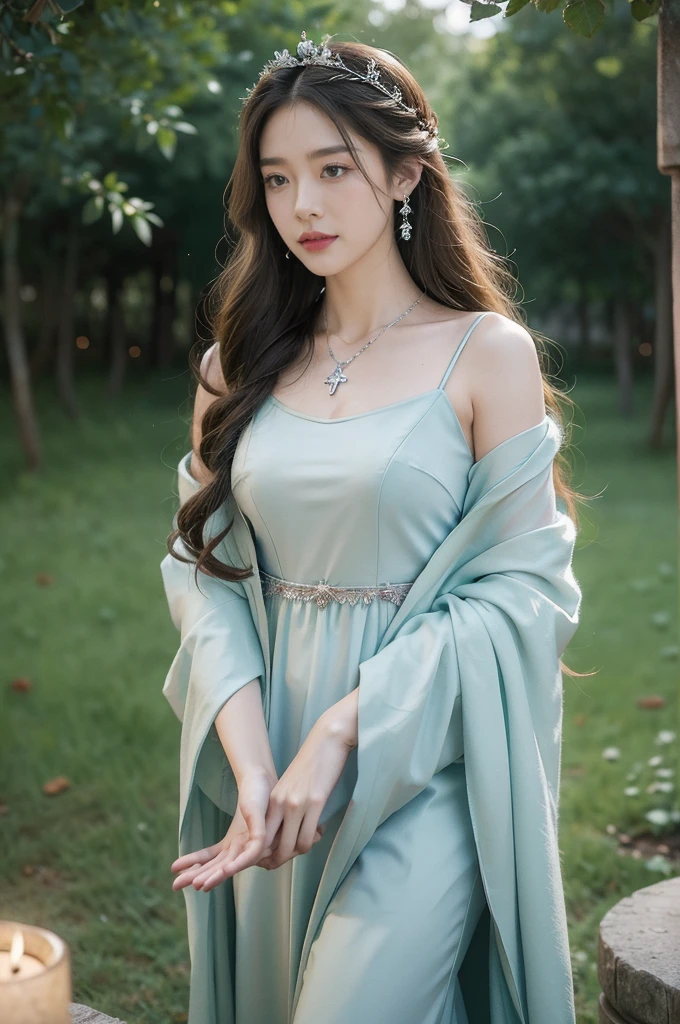 (((best quality))), (((ultra detailed))), (((masterpiece))), illustration, female astrologer, mysterious summer night, stunning, enchanting castle, soft moonlight, ethereal glow, intricate details, ancient carvings, stone façade, flowing gown, chestnut hair, emerald green eyes, delicate makeup, mischievous glint, celestial realm, constellations, balance, deep blue, fiery red, silver pentacle necklace, spiritual world, serene smile, awe, wonder, mystique, magic, ancient energy, blooming roses, ancient oak trees, tranquility, sanctuary, courtyard, blooming roses, ancient oak trees, celestial wonders, life's greatest mysteries, unravel secrets, guide, wisdom, solace, inspiration, eternal companion, shining stars, journey through unknown