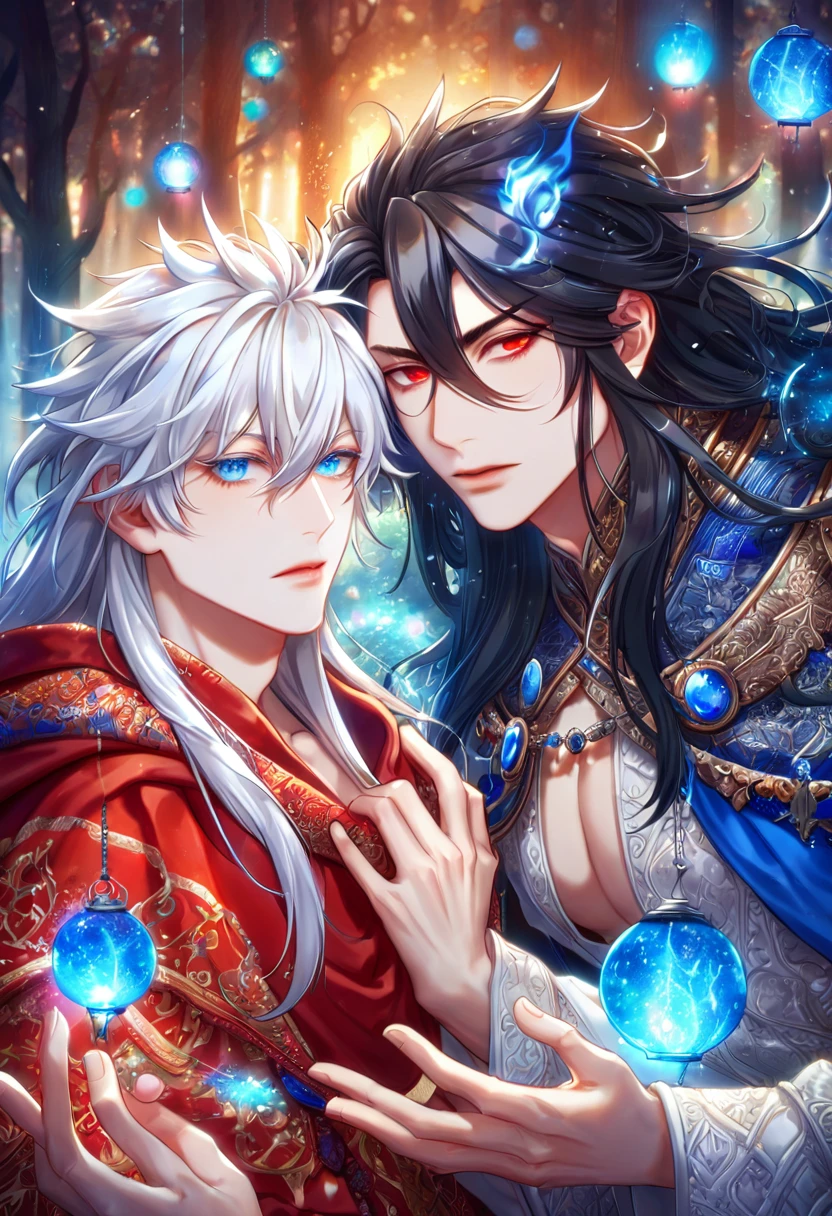 absurdres, highres, ultra detailed, HDR, master piece, best quality, extremely detailed face, delicated features, Xue Yu, untamed spiky hair, black hair, long hair, hair between the eyes, expressive red eyes, Thousand Years War, Gojou Satoru, white hair, messy hair, expressive blue eyes, two sexy men together, gay couple, yaoi, handsome, toned chest, black cape, red robes, white robes, accessories, patterns, fantasy, magic, envy magical, forest, blue dust, blue lanterns, blue fire, blue floating round lights
