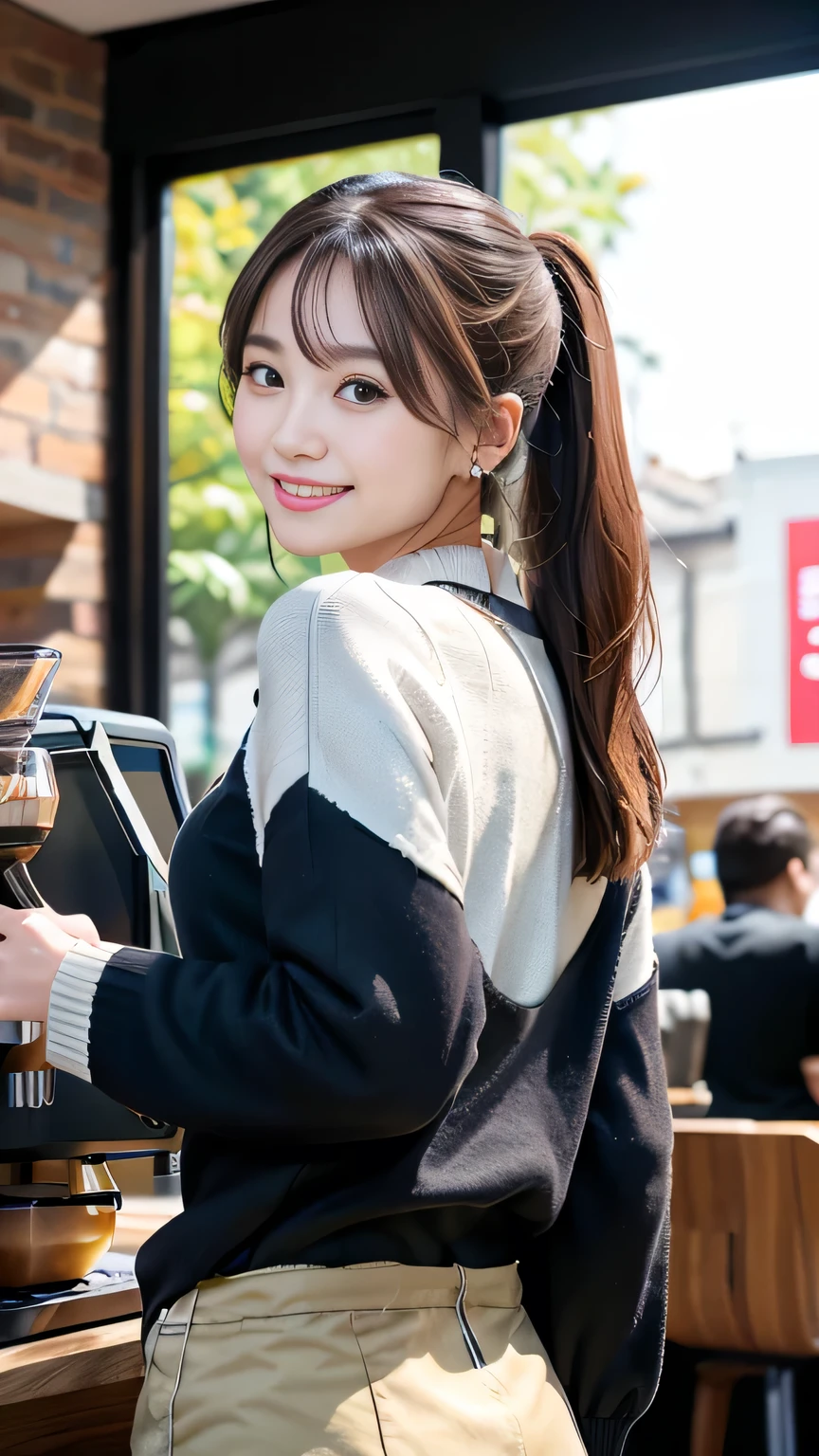 Japanese ID ,((cute ,Baby Face:1.2)),(8K, RAW Photos, Very detailedな, Highest quality:1.2), (Realistic, Photorealistic:1.4), (Very detailed, Ultra-high resolution ,beautiful, Tabletop:1.2), ,Very detailed顔と目,Shiny skin,(Upper Body:1.Professional Lighting,Soft Light, Sharp focus, Written boundary depth,ponytail,smile ,Earrings, (sweater :1.3),Bokeh,( A modern, minimalist cafe with white walls and sleek black furniture, wall abstract art, A barista expertly brews coffee behind a shiny espresso machine. :1.3)