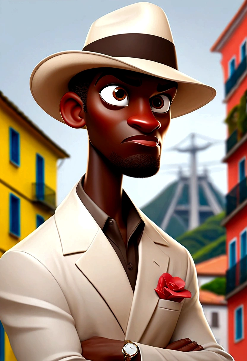 Create a poster image for a retro-themed poster. The art of sketches, pen doodles should have a textured background with pastel colors and a drawing of a black man in a white suit and stylish red tie with a panama hat. Add retro graphic elements from images of Rio de Janeiro such as the lapa arches, cable car, sugar loaf that are tourist attractions in Rio de Janeiro to complement the design.