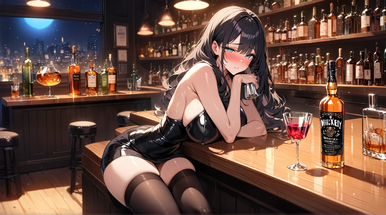 best quality, 4K, high resolution, masterpiece:1.2, Extremely detailed），Sad expression looking at the camera，Large Breasts,30 years old girl,独奏,black hair,long hair,blue eyes,(drunk,blush),sitting,drinking,((Mature sexy body))，Black stockings，Black tight skirt, Mature sexy body,holding mug,counter,pub,(Fashion bar) indoors, ((Cocktail Glass) Full of colorful wine), (dimly light room), Wine Bottle, Detailed background，Fluffy hair，((((Night scene background))))), (((at the bar))), wine, whiskey, High ball,(Shiny and glowing, Effect:1.2)