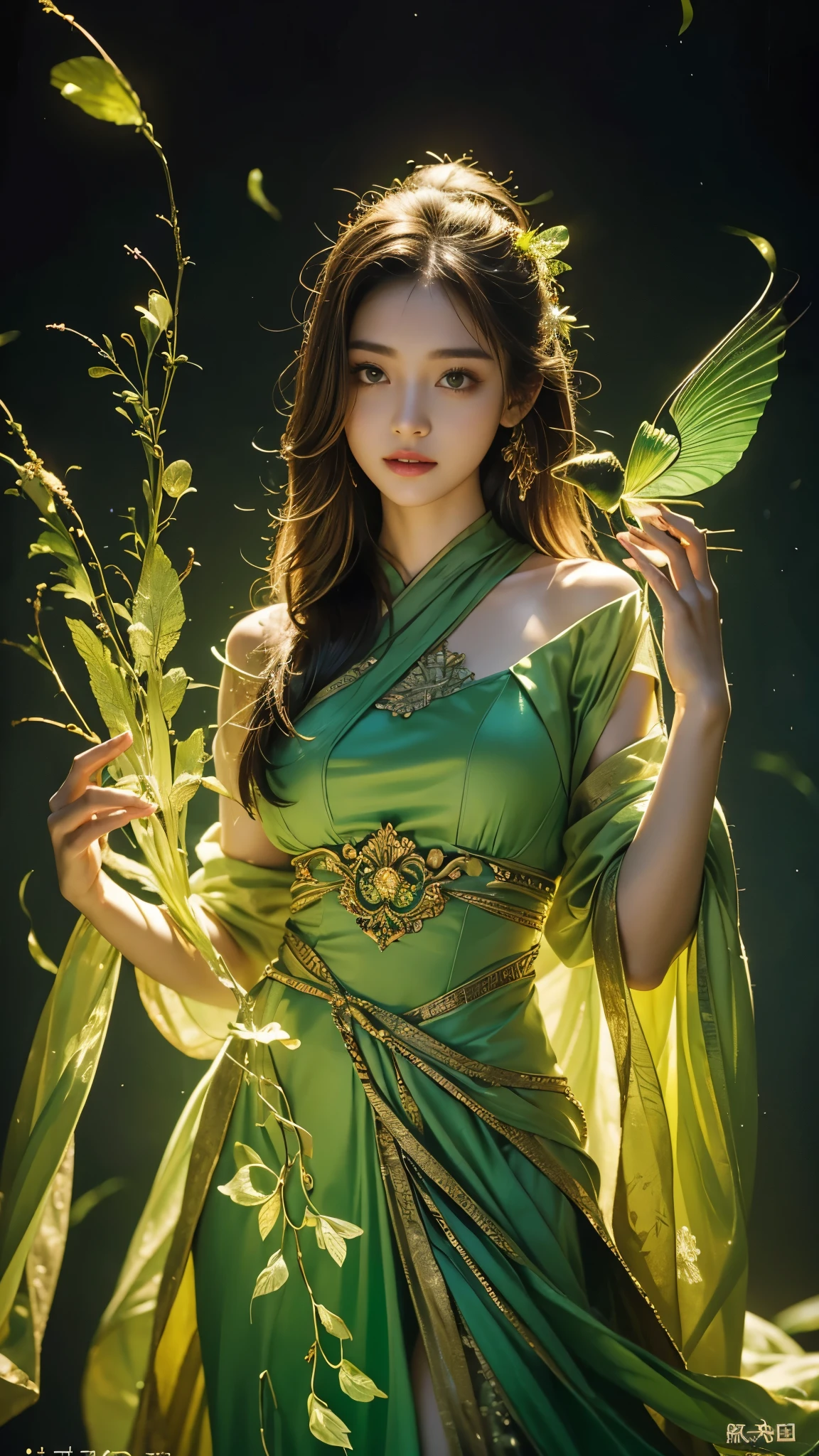 Full figure, seven -clinging shooting, 18 years old, wearing firefly clothes, exquisite faces, details, hands, ultimate details, amazing magnificence, Pedaipan style, fiber hair, glowing green firefly, glowing green firefly,