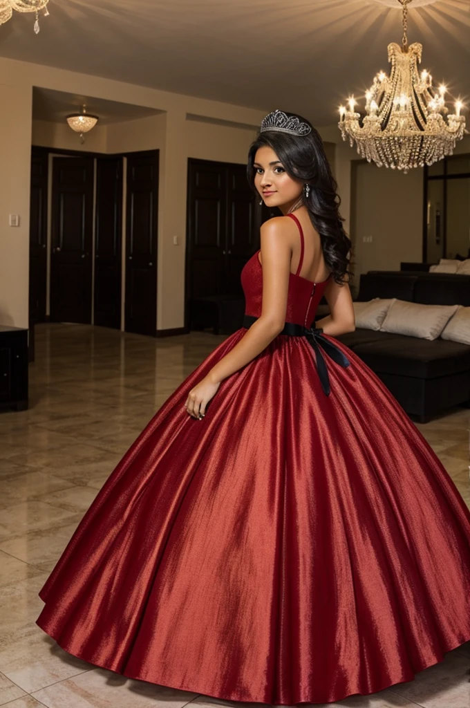 Quinceañera con vestido color rojo ❤️, BROWN SKIN, thin and black hair