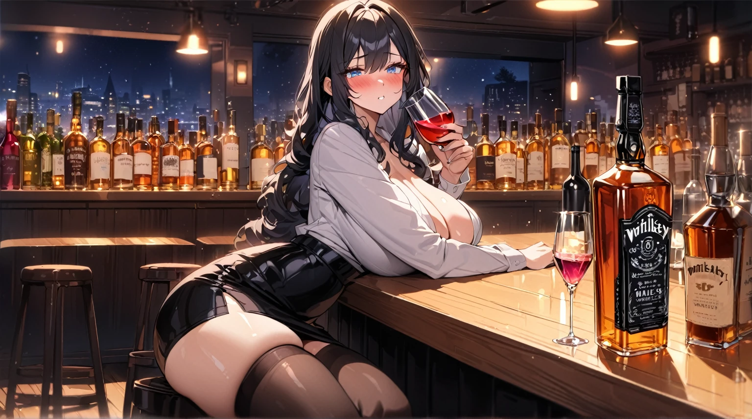 best quality, 4K, high resolution, masterpiece:1.2, Extremely detailed),Sad expression looking at the camera,Large Breasts,30 years old girl,独奏,black hair,long hair,blue eyes,(drunk,blush),sitting,drinking,((Mature sexy body)),Black stockings,Black tight skirt, Mature sexy body,holding mug,counter,pub,(Fashion bar) indoors, ((Cocktail Glass) Full of colorful wine), (dimly light room), Wine Bottle, Detailed background,Fluffy hair,((((Night scene background))))), (((at the bar))), wine, whiskey, High ball,(Shiny and glowing, Effect:1.2)