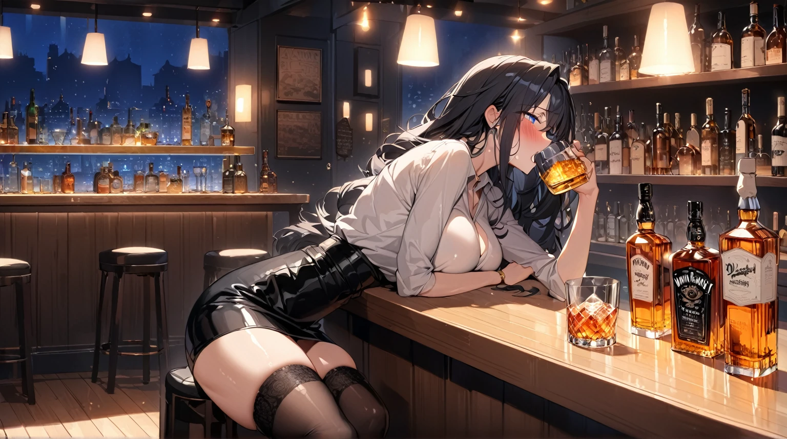 (best quality, 4K, high resolution, masterpiece:1.2, Extremely detailed），Large Breasts,30 years old girl,solo,black hair,long hair,blue eyes,sad,tears,(drunk,blush),sitting,drinking,((Mature sexy body))，Black stockings，Black tight skirt, Mature sexy body,holding mug,counter,pub,