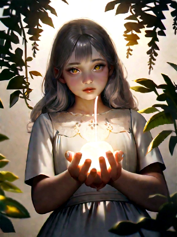 Detail, realism, 4k, 15-year-old girl, face detail, large yellow eyes, plump lips, upturned nose, gray hair with pink strands, in a white dress, with a rabbit in her hands, flowers in the background, white butterflies in the foreground, realistic shooting, depth of field, soft forelight, glow, HDR (muted colors: 1.2), Canon RF 100mm F2.8L Macro IS USM