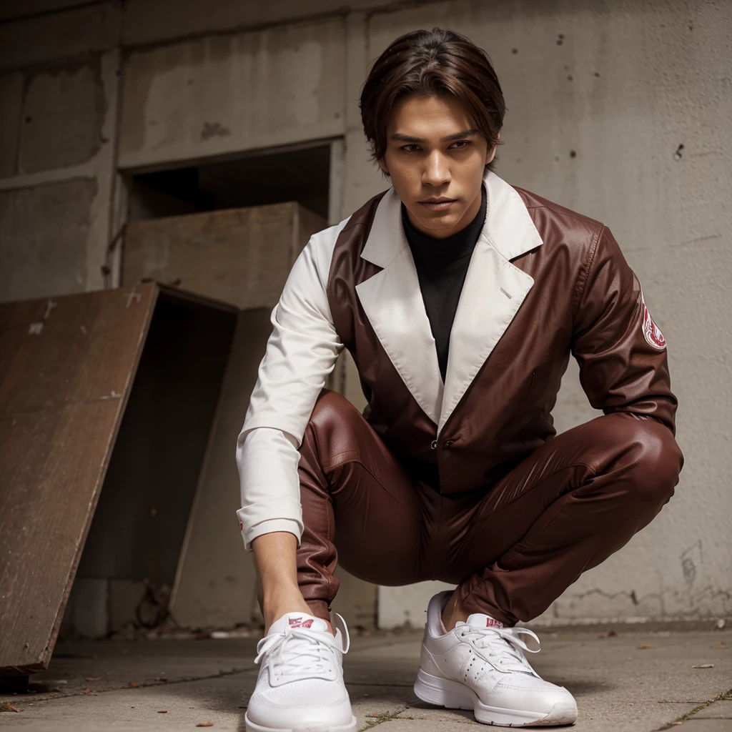 Create a comic slender brown male character with almost straight and pointy hair with brown eyes wearing a red outfit and black pants and a white jacket with white shoes 