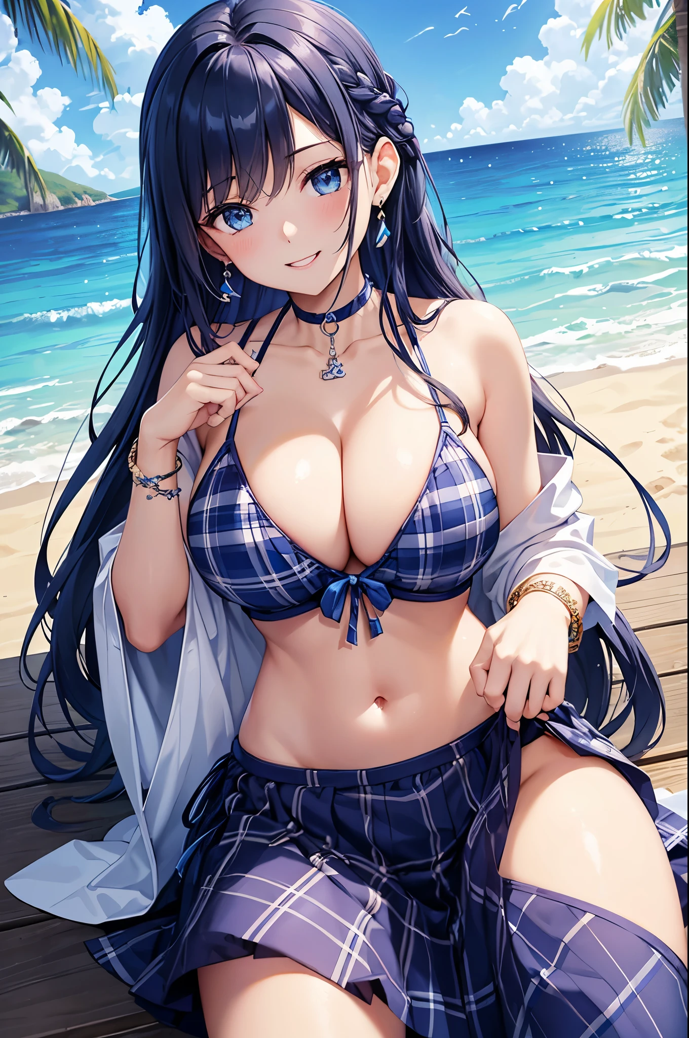 Highest quality、Highest quality、masterpiece、(8K),beauty(Age 25)、Navy blue long hair(Braiding of sides)、blue eyes、Sexy Bikini(Plaid)、Big cleavage、(Big Breasts)、smile、blue necklace、Blue Earrings、background(Beach)、Please open your mouth wide、bracelet、Arch Pose、Blue choker