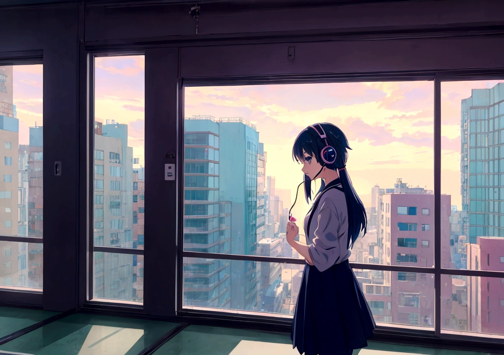 Anime girl wearing headphones looking out the window at the city, Lo-fi Girl, Anime atmosphere, Lofi Artstyle, Anime Style 4k, Anime Aesthetics, Nightcore, Lo-fi feeling, Lofi Art, anime art wallpaper 4k, anime art wallpaper 4k, anime wallpaper 4k, anime wallpaper 4k, An atmosphere of praise, Kaisei and Artgelm