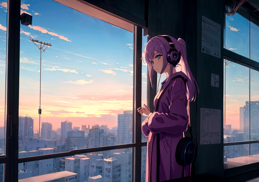 Anime girl wearing headphones looking out the window at the city, Lo-fi Girl, Anime atmosphere, Lofi Artstyle, Anime Style 4k, Anime Aesthetics, Nightcore, Lo-fi feeling, Lofi Art, anime art wallpaper 4k, anime art wallpaper 4k, anime wallpaper 4k, anime wallpaper 4k, An atmosphere of praise, Kaisei and Artgelm