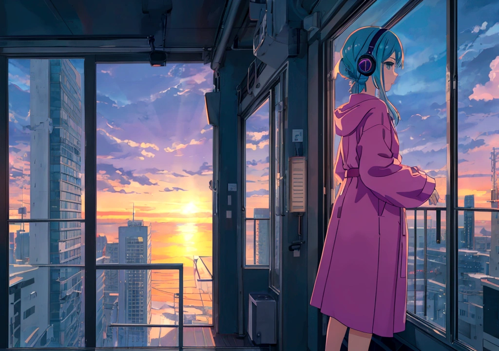 Anime girl wearing headphones looking out the window at the city, Lo-fi Girl, Anime atmosphere, Lofi Artstyle, Anime Style 4k, Anime Aesthetics, Nightcore, Lo-fi feeling, Lofi Art, anime art wallpaper 4k, anime art wallpaper 4k, anime wallpaper 4k, anime wallpaper 4k, An atmosphere of praise, Kaisei and Artgelm