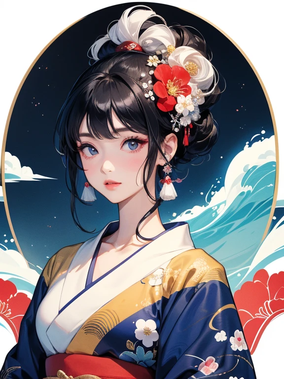(Highest quality、masterpiece、High resolution、8K)、Ukiyo-e、Vibrant colors、Katsushika Hokusai、1 female、Black hair Japanese topknot、The kimono has a vivid floral pattern on a white background.、Official Art、背景はUkiyo-e風、White waves and Mt. Fuji、Flowers and Moon、White waves and the moon