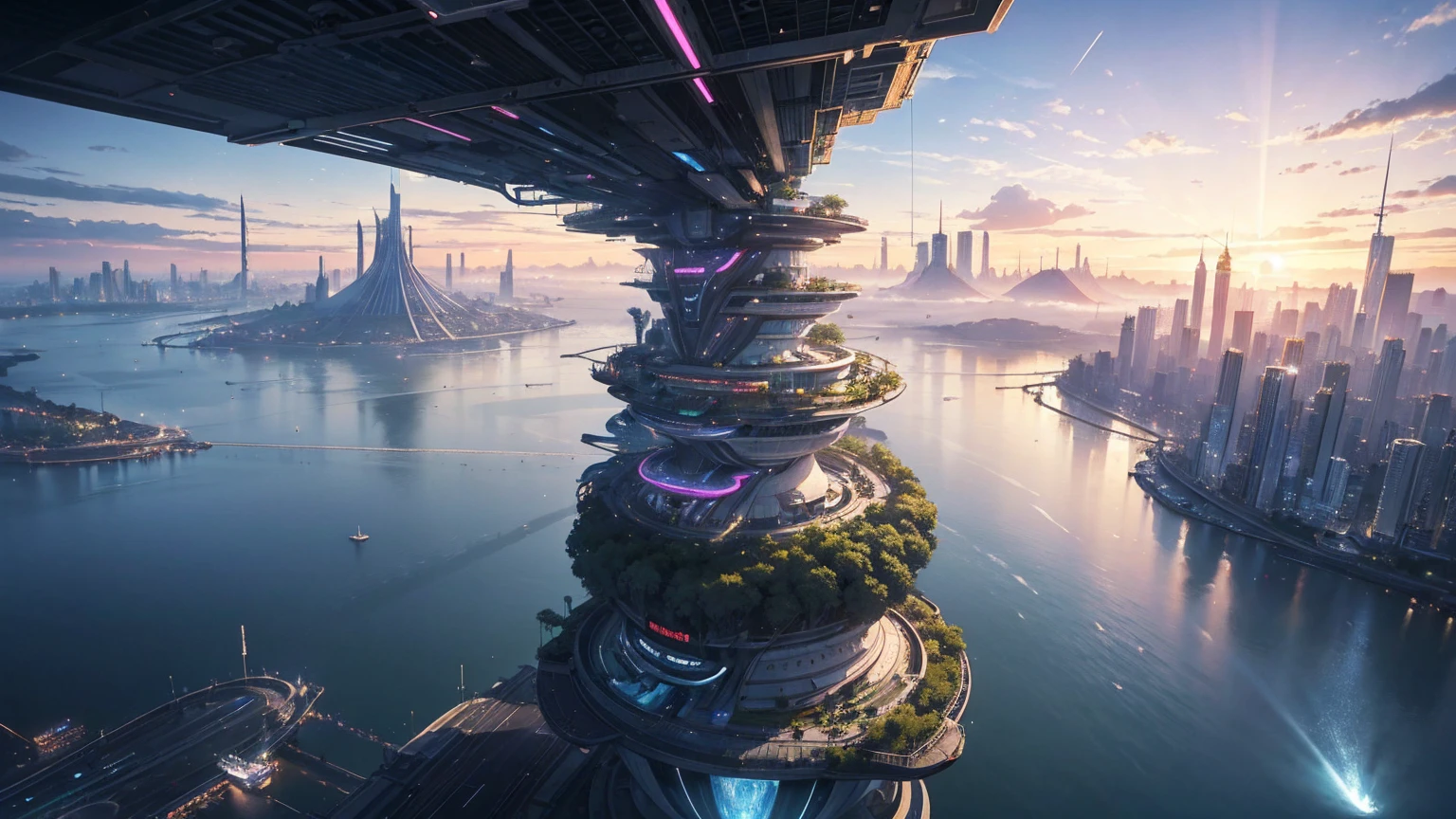 (Best quality,4K,8K,A high resolution,Masterpiece:1.2),Ultra-detailed,(Realistic,Photorealistic,photo-realistic:1.37),Futuristic floating city,Futuristic technology,Huge urban high-tech tablet platform,Airship,Floating in the sky,Futuristic city,Small airships around,High-tech hemispherical platform,Colorful lights,Advanced architecture,modernn architecture,skyscrapper,Access the cloud,Scenic beauty,view over city,Impressive design,Blend seamlessly with nature,energetic and vibrant atmosphere,Futuristic transportation system,Parking is suspended,Transparent path,Lush greenery,Sky gardens,cascading waterfalls,Magnificent skyline,reflections on the water,Sparkling river,Architectural innovation,futuristic skyscrapers,Transparent dome,The shape of the building is unusual,Elevated walkway,Impressive skyline,Glowing lights,Futuristic technology,Minimalist design,Scenic spots,Panoramic view,Cloud Piercing Tower,Vibrant colors,epic sunrise,epic sunset,Dazzling light display,magical ambiance,The future city,Urban Utopia,LuxuryLifestyle,Innovative energy,sustainable development,Smart city technology,Advanced infrastructure,Tranquil atmosphere,Nature and technology live in harmony,Awesome cityscape,Unprecedented urban planning,Architecture connects seamlessly with nature,High-tech metropolis,A cutting-edge engineering marvel,The future of urban living,Visionary architectural concept,Energy-efficient buildings,Harmony with the environment,A city floating above the clouds,Utopian dreams become reality,The possibilities are endless,State-of-the-art transportation network,Green energy integration,Innovative materials,Impressive holographic display,Advanced communication system,Breathtaking aerial view,Quiet and peaceful environment,Modernist aesthetics,Ethereal beauty