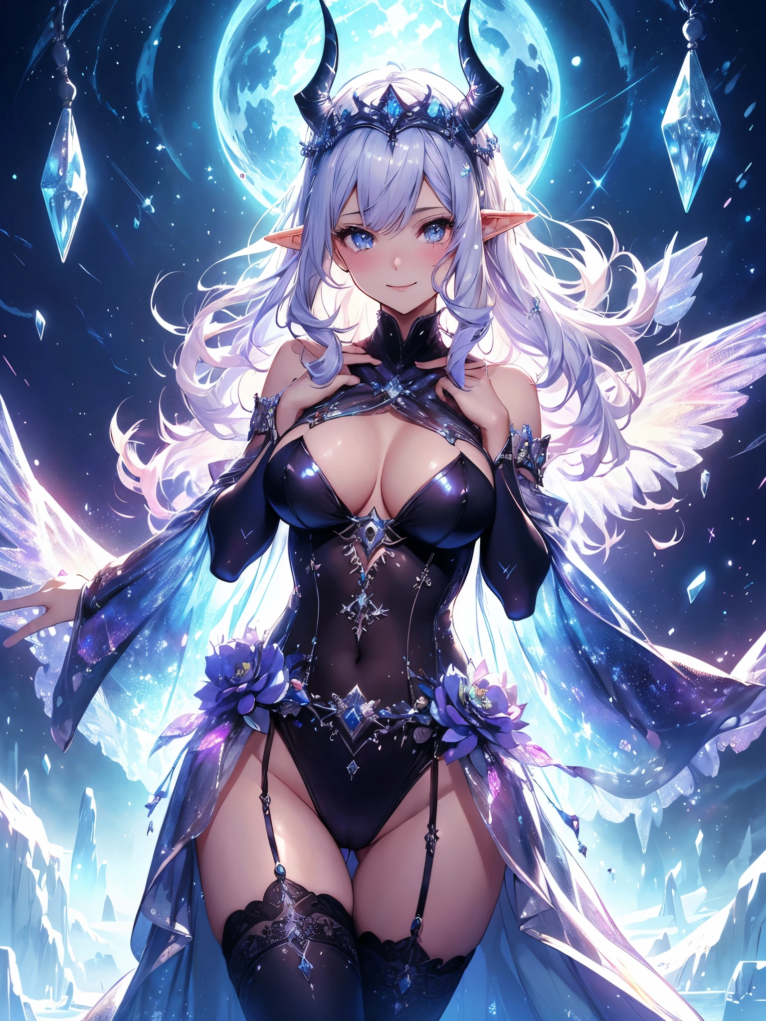 最high quality、最high quality、1 woman elf、Succubus、Stand against a wall(( cowboy shot ))((full body stocking))'((see-through body stocking))、Beautiful eyes、tears、Raise your arms behind your head、Beautiful decoration、、Ice tiara、starry night、A world made of ice、最high quality , Fractal Art.Ice Throne、ice World、Bikini、beautiful big ass、 ((Laugh beautifully、))((Glowing ice ))SMqueen、Beautiful face、orgasm、Ecstasy、Beautifully decorated stockings、Devil's World、Ice crystals、Crystal of snow、Ice wall、ice World、Bigger on the front、 Beautiful shine,High-definition depiction, Realistic, 8K, Unity, Beautiful thighs,,Giant Devil's Wings、Rainbow-colored wings、、 light smile, Beautifully and vividly drawn, , beautiful beautiful透き通る肌、The magic of shining beautiful decoration、Giant horns、 demon king、、Beautiful decorationの角、 , beautiful、 Romanticism,mosquito。 The most beautiful form of chaos, Mr..々 Intertwined flowers, P article,Magical gentle light,smile,,image quality、masterpiece、Beautiful face、Super beautiful elf woman((Big breasted 22 year old office lady、Bust 120,Beautiful long ironed hair、Silver Hair、height: 165cm。、Esbian、、high quality、、Visual Arts、最high quality、1 woman elf NP: Worst quality ,beautiful Fractal Art 、、、light、Beautiful radiance,High-definition depiction, Realistic, 8K, Unity, , light smile, Beautifully and vividly drawn, , Beautiful, beautiful, clear skin、 Countless rays of light pouring down, Swirling Light, big background, , Intense light is emitted from the magic circle in front of the girl. Romanticism,Cowboy Shot: 最high quality