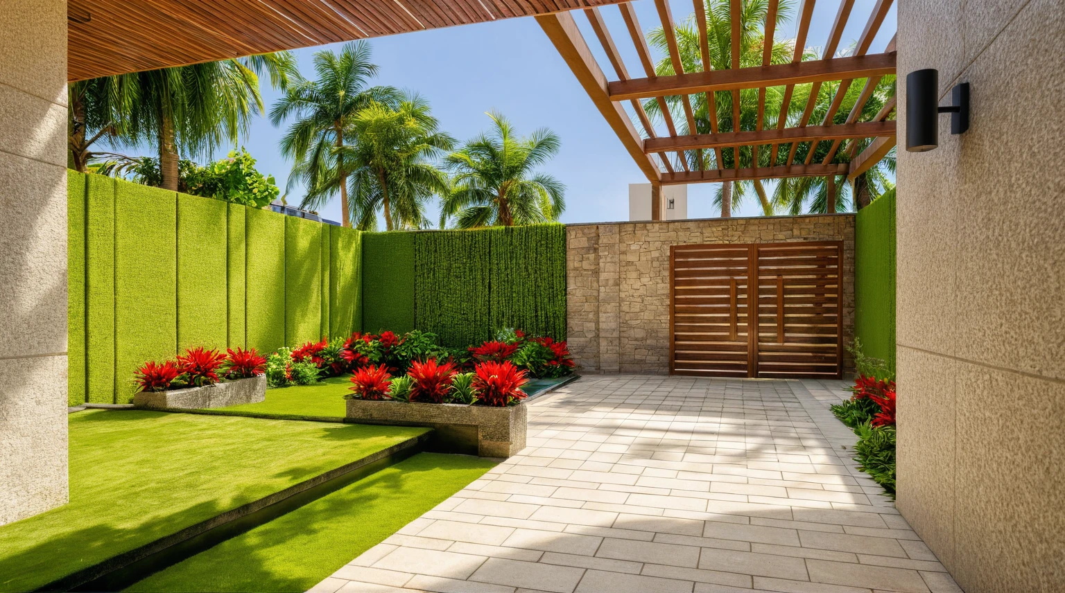 Moderntropicalgardern,aiaigroup, aerial view, outdoors, garden, tree, east asian architecture, rock, stone, flower, daylight,  house,Beautifully designed garden mandarin branches