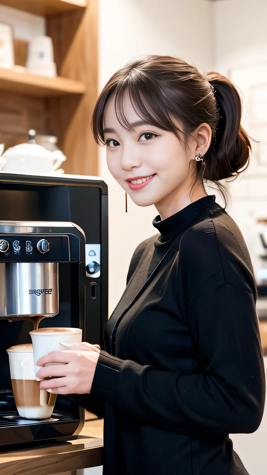 Japanese ID ,((cute ,Baby Face:1.2)),(8K, RAW Photos, Very detailedな, Highest quality:1.2), (Realistic, Photorealistic:1.4), (Very detailed, Ultra-high resolution ,beautiful, Tabletop:1.2), ,Very detailed顔と目,Shiny skin,(Upper Body:1.Professional Lighting,Soft Light, Sharp focus, Written boundary depth,ponytail,smile ,Earrings, (sweater :1.3),Bokeh,( A modern, minimalist cafe with white walls and sleek black furniture, wall abstract art, A barista expertly brews coffee behind a shiny espresso machine. :1.3)