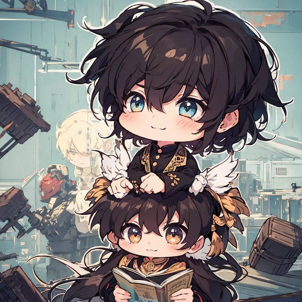 best quality , man , reading , chibi anime man , smile , black hair , suit , solo