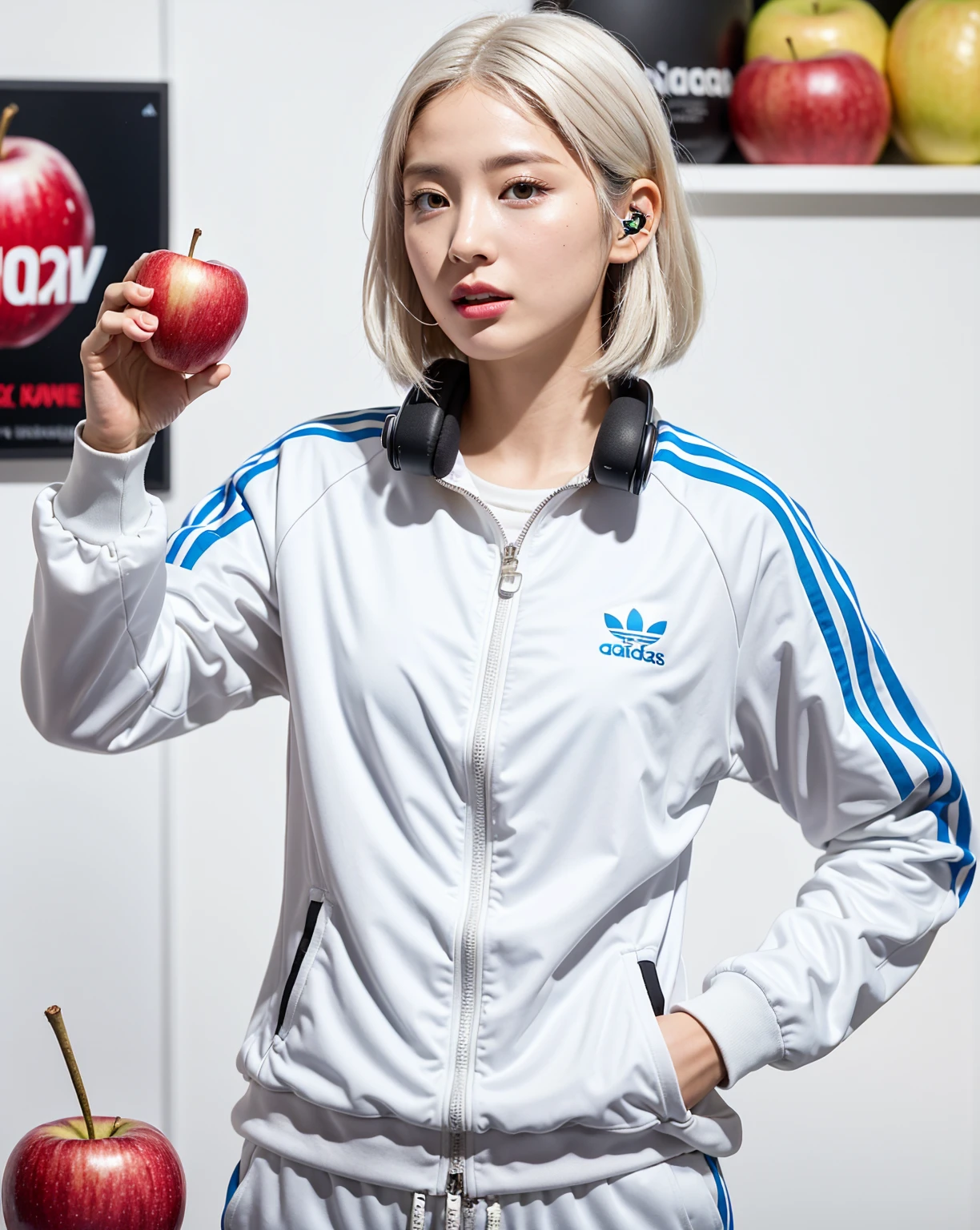 Realistic, 8K, masterpiece, RAW Photos, Highest quality, Realistic, 非常に詳細な CG Unity 8K 壁紙, Written boundary depth, Cinematic Light, Lens flare, Ray Tracing, Perfect lighting,((short hair,White Hair)) Delicate skin, Delicate face, (Pop Background :1.1), person standing and watching、Comical movement,1 female,(Adidas Tracksuit,:1.2)、((Headphones)),(White Background Padding:DV_Manuela_terrible),Modern Style,Artistic,moving composition,Unique Pattern,Bold Texture,colorful,Imaginative,Whimsical,Vibrant,like々Shii,Playful,Lively,creative,Expressive,stylish,tendency,((One Girl)),Eating an apple,Coca-Cola Poster,
