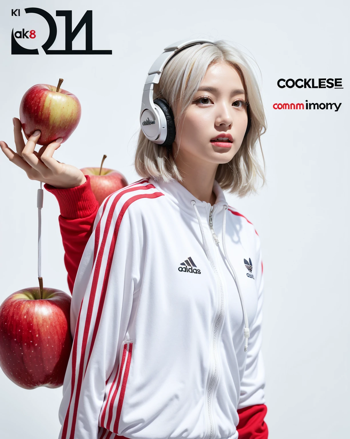 Realistic, 8K, masterpiece, RAW Photos, Highest quality, Realistic, 非常に詳細な CG Unity 8K 壁紙, Written boundary depth, Cinematic Light, Lens flare, Ray Tracing, Perfect lighting,((short hair,White Hair)) Delicate skin, Delicate face, (Pop Background :1.1), person standing and watching、Comical movement,1 female,(Adidas Tracksuit,:1.2)、((Headphones)),(White Background Padding:DV_Manuela_terrible),Modern Style,Artistic,moving composition,Unique Pattern,Bold Texture,colorful,Imaginative,Whimsical,Vibrant,like々Shii,Playful,Lively,creative,Expressive,stylish,tendency,((One Girl)),Eating an apple,Coca-Cola Poster,