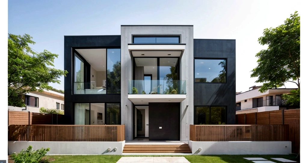 The house has a simple and neat architecture, boxy, with sharp and modern lines. Construction materials such as brick, concrete, glass and metal are widely used to create a modern and shiny appearance.

The front of the house often has large windows or glass walls to maximize natural light and views. The doors are designed spaciously and can open to the garden or front balcony, creating an open and airy living space.

The interior often has an open design, with the living space, kitchen and dining room connected to each other in a reasonable and convenient way. Use simple materials and furniture such as natural wood, steel and glass, combined with elegant colors such as white, gray, and black to create an elegant and modern look.

The outside surface of the house is often planted with trees to cool and beautify, and also help reduce noise from the urban environment. This design often creates harmony between modern living space and the requirements of life in the city.
Realistic images, 8k, extremely high resolution
