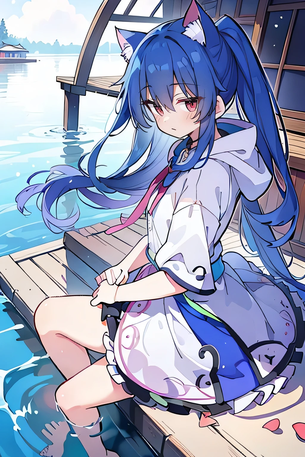 (masterpiece:1.2),Super detailed,lifelike,Expressive eyes,fair skin,perfect face shape,1 girl,
Japanese comics,Gorgeous blue hair,flowing blue hair,flowing clothes,Cat ears,Petals fall,beautiful lola,Baby Angel,
Shaking head with one hand,Cross your legs,Gentle and peaceful background,The pavilion is cool and comfortable,smile, wearing hoodie, background of tokyo,back views,snowing, winter,lie on the water.