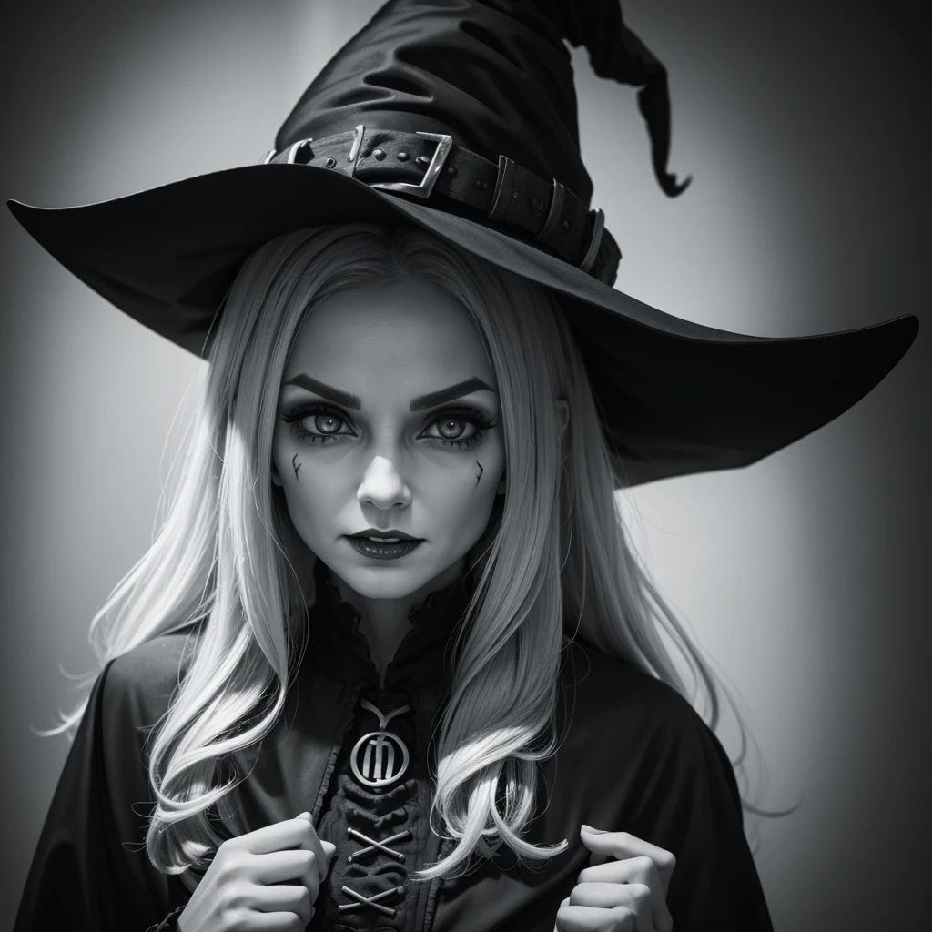 a 4k black and white closeup of a demonic really scary witch