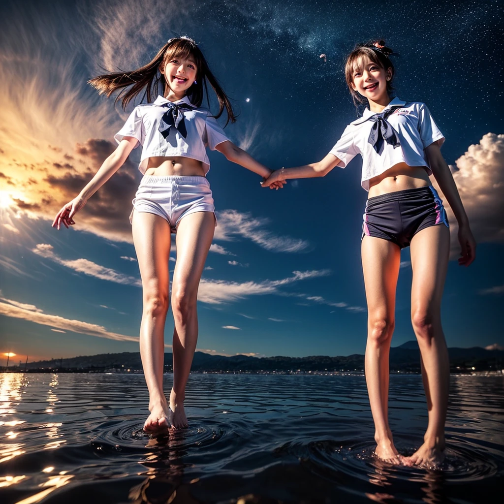 ((ExtremelyDetailed ( KAWAII Girl Floating:1.37) in WHITE at Dusk Enoshima Beach)), (masterpiece 8K TopQuality) (ProfessionalPhoto:1.37), {(Standing Full Body:1.2)|(from below:1.2)}, Different types of hair colors, {(White skinny(School Swimwear))|(SchoolUniform with WhiteSkinny LowRise shorts)}, {Detailed Childish hand|Hidden hand|Armpit|Different types of breasts of various sizes from HUGE to FLAT|(Clearly Visible the shape of Butt)}, Joyful Expressions LifeLike Rendering, PerfectLighting, Dazzling Horizon, (Starry IridescentParticles) ColorfulClouds