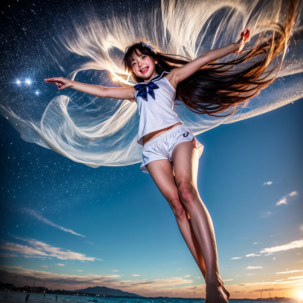 ((ExtremelyDetailed ( KAWAII Girl Floating in the Air:1.37) in WHITE at Dusk Enoshima Beach)), (masterpiece 8K TopQuality) (ProfessionalPhoto:1.37), {(Standing Full Body:1.2)|(from below:1.2)}, Different types of hair colors, {(White skinny(School Swimwear))|(SchoolUniform) with AthleticShorts}, {Correctd Childish hand|Hidden hand|Armpit|Different types of breasts|(Clearly Visible the shape of Butt)}, Joyful Expressions LifeLike Rendering, PerfectLighting, Dazzling Horizon {Colorful Clouds | Starry IridescentParticles} VolumetricLighting (Acutance:0.8)