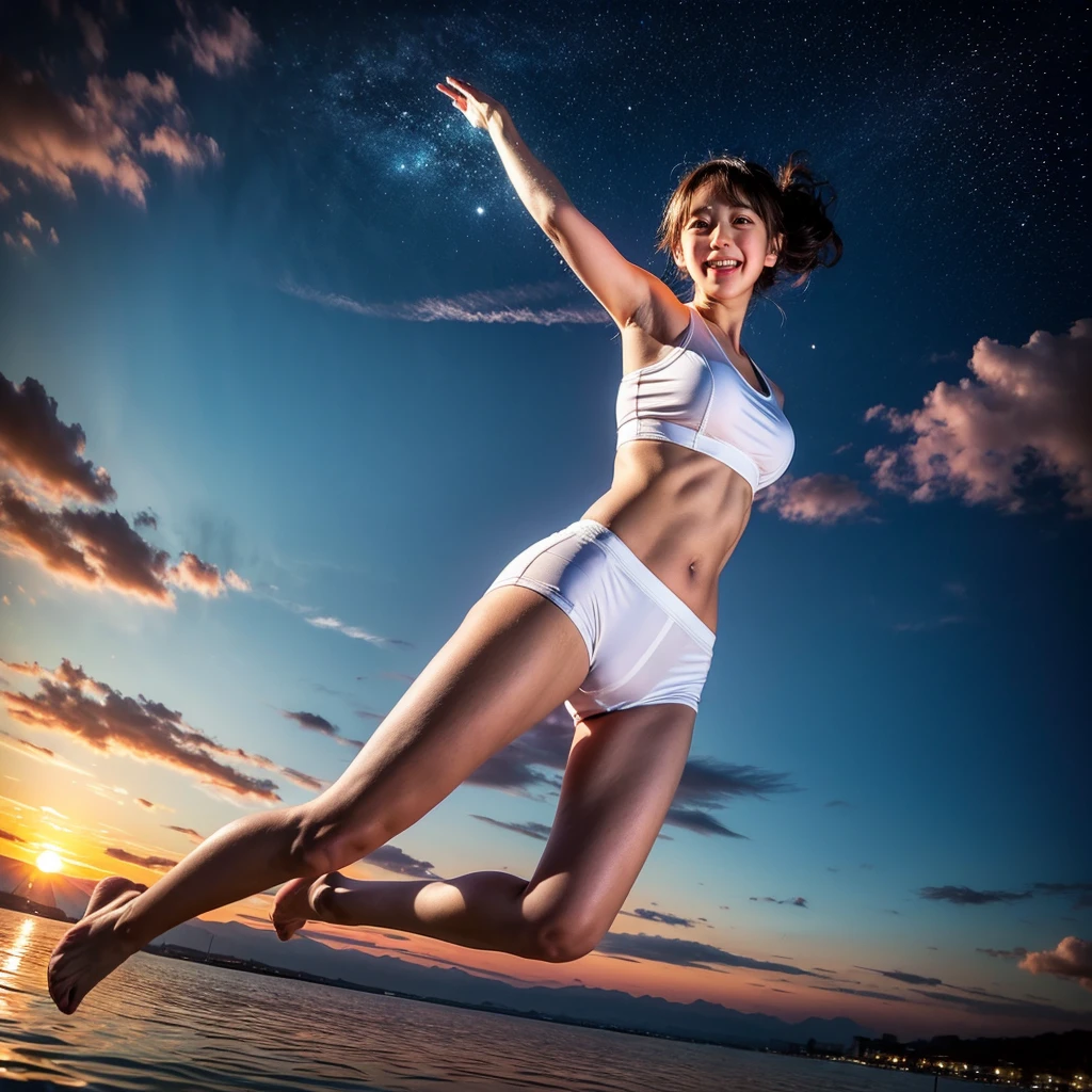 ((ExtremelyDetailed ( KAWAII Girl Floating:1.37) in WHITE at Dusk Enoshima Beach)), (masterpiece 8K TopQuality) (ProfessionalPhoto:1.37), {(Standing Full Body:1.2)|(from below:1.2)}, Different types of hair colors, {(White skinny(School Swimwear))|(SchoolUniform with WhiteSkinny LowRise shorts)}, {Detailed Childish hand|Hidden hand|Armpit|Different types of breasts of various sizes from HUGE to FLAT|(Clearly Visible the shape of Butt)}, Joyful Expressions LifeLike Rendering, PerfectLighting, Dazzling Horizon, (Starry IridescentParticles) ColorfulClouds