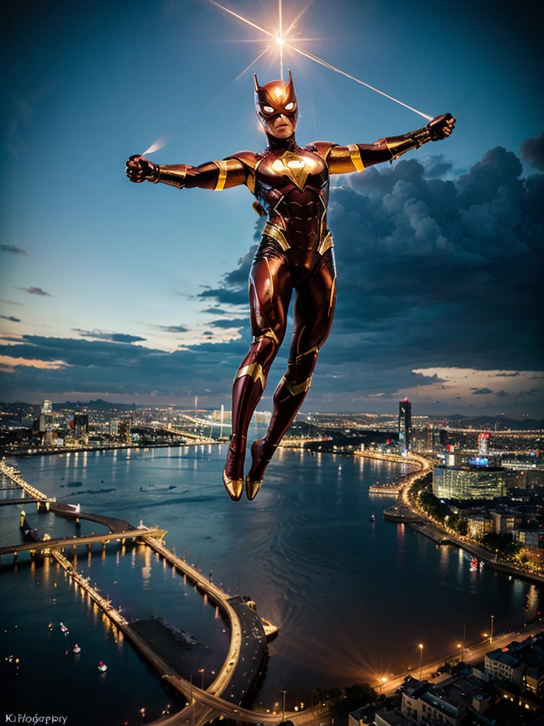 A mystical superhero floating in the sky over a modern city; realistic photography; highly detailed; 