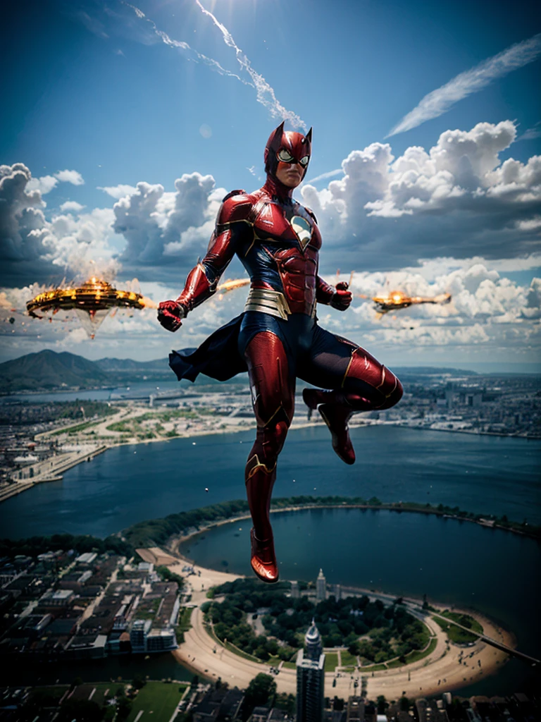 A mystical superhero floating in the sky over a modern city; realistic photography; highly detailed; 