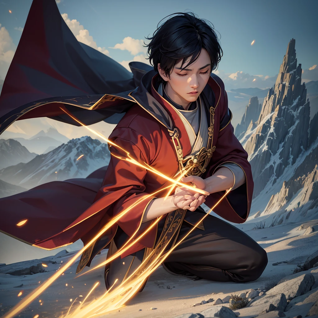 Zuko from Avatar the Last Airbender kneeling on the ground, praying with his eyes closed,detailed face,detailed hands,beautiful detailed eyes,beautiful detailed lips,extremely detailed face and eyes,longeyelashes,detailed robes,intricate patterns on the robes,detailed background with mountains,detailed clouds in the sky,warm lighting,vibrant colors,fantasy,digital art,cinematic lighting,photorealistic,8k,highres,best quality,masterpiece