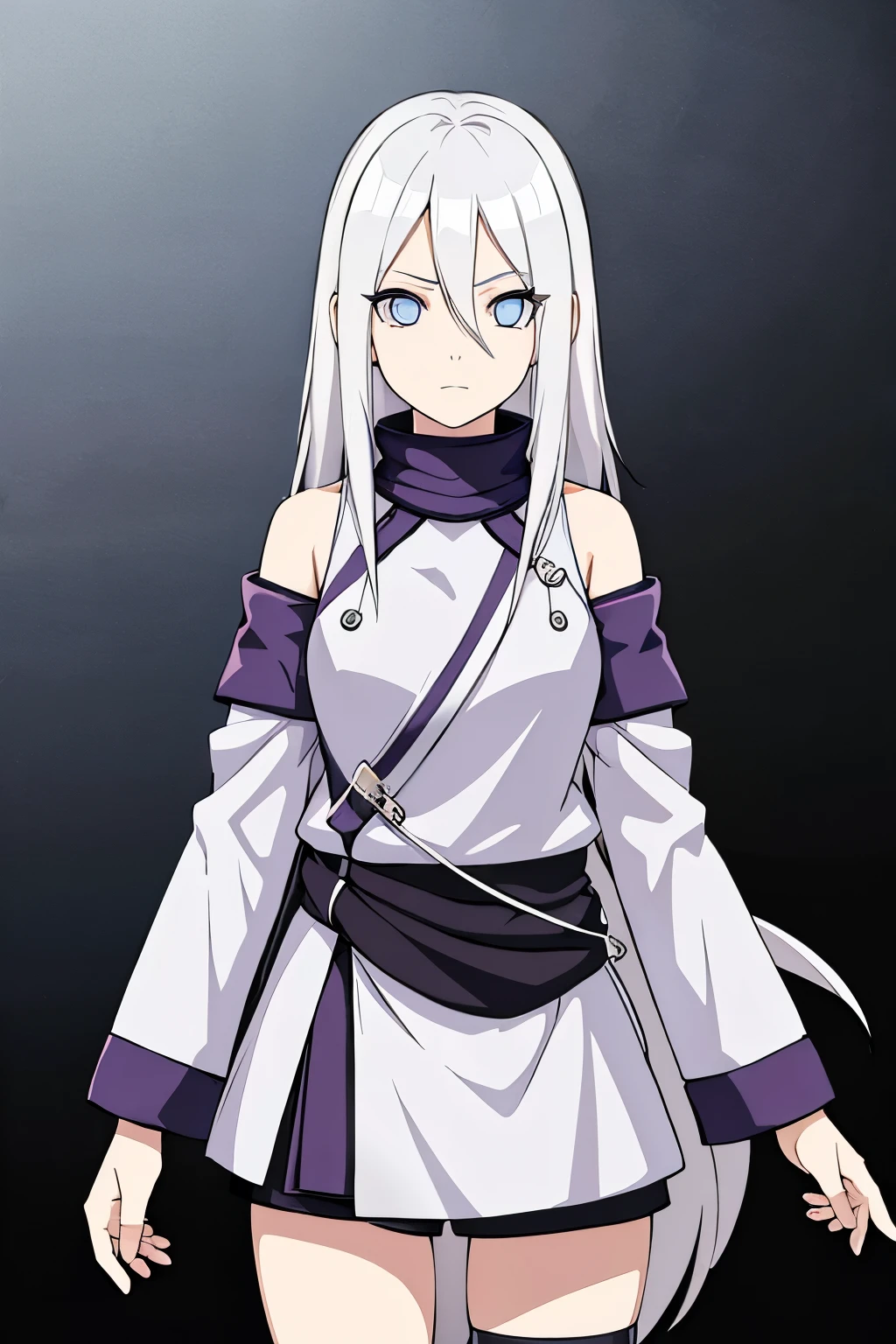 (high-quality, breathtaking),(expressive eyes, perfect face) portrait, Symmetrical Eyes, 1girl, female, solo, teenager, short height, white hair, white coloured eyes, byakugan, anime naruto art style, long hair, fluffy hair, feminine face, grey background, hallway background, detailed eyes, hyuga, Ōtsutsuki, naruto ninja attire, neutral expression, soft smile, purple and black clothing, white trim, long sleeves, white dress, hair between eyes, bare shoulders, jacket
