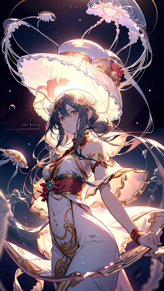 Anime girl in a white dress floating inside a jelly-like body, Jellyfish Shrine Maiden, Jellyfish Shrine Maiden, Jellyfish God, Jellyfish Shrine Maiden 8k, Albedo from the anime overlord, Albedo from overlord, Albedo, UFOTABLE art style, Ethereal Anime, Official Anime Artwork, Anime Art Nouveau Space Display
