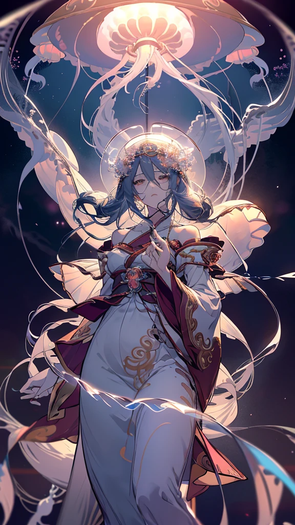 Anime girl in a white dress floating inside a jelly-like body, Jellyfish Shrine Maiden, Jellyfish Shrine Maiden, Jellyfish God, Jellyfish Shrine Maiden 8k, Albedo from the anime overlord, Albedo from overlord, Albedo, UFOTABLE art style, Ethereal Anime, Official Anime Artwork, Anime Art Nouveau Space Display
