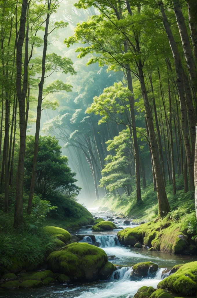 A realistic landscape, There's mist, tall trees with green leaves, a stream and cut green bush 