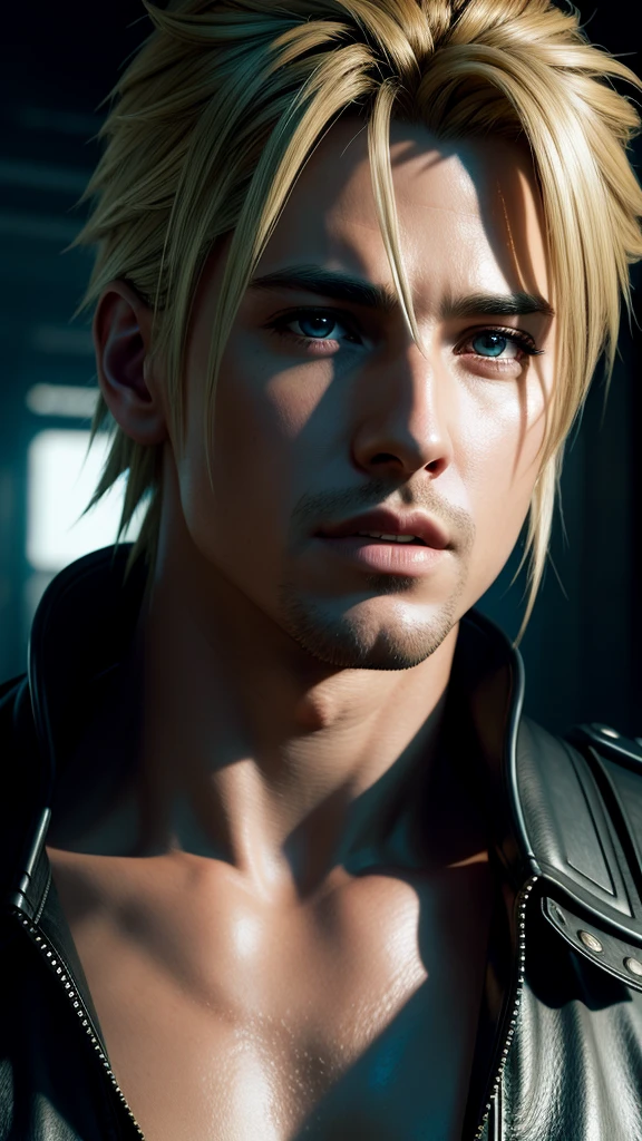 a detailed digital art of cloud strife from final fantasy vii remake, high quality detailed portrait, beautiful detailed eyes, beautiful detailed lips, extremely detailed face and hair, longeyelashes, dramatic lighting, cinematic composition, vibrant colors, intricate details, masterpiece, 8k, hyper realistic, photorealistic, 3d render, volumetric lighting, glossy skin, depth of field, chiaroscuro lighting, dramatic shadows, moody atmosphere