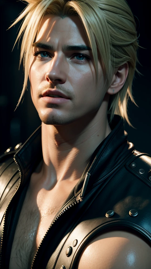 a detailed digital art of cloud strife from final fantasy vii remake, high quality detailed portrait, beautiful detailed eyes, beautiful detailed lips, extremely detailed face and hair, longeyelashes, dramatic lighting, cinematic composition, vibrant colors, intricate details, masterpiece, 8k, hyper realistic, photorealistic, 3d render, volumetric lighting, glossy skin, depth of field, chiaroscuro lighting, dramatic shadows, moody atmosphere
