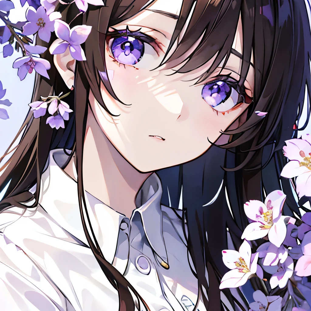 European Girls,Upper body only,Close-up of face、Beautiful Face,,Purple Eyes、Drooping eyes、Long straight dark brown hair,Looking into the camera、White shirt、Expressionless、Full of purple flowers