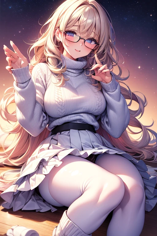 best quality, 32k, RAW photo, incredibly absurdres, extremely detailed, delicate texture, cute woman, glasses, braided bangs wavy hair, wearing fluffy long-pile knit sweater, fluffy skirt, skirt lift, pantyhose, fluffy long boots, amorous and lewd expression, superlative body proportion, shy person, shy gesture, background iridescent pastel color