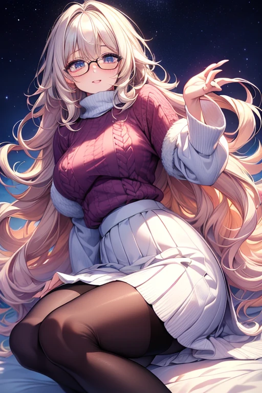 best quality, 32k, RAW photo, incredibly absurdres, extremely detailed, delicate texture, cute woman, glasses, braided bangs wavy hair, wearing fluffy long-pile knit sweater, fluffy skirt, skirt lift, pantyhose, fluffy long boots, amorous and lewd expression, superlative body proportion, shy person, shy gesture, background iridescent pastel color