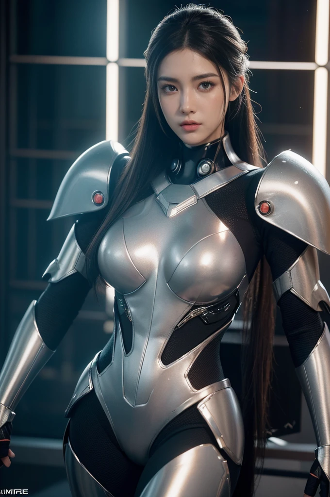 Super Detail, High Detail, high quality, best quality, High resolution，1 female robot，Beautiful female robot,beautiful clear face(Rain waves_haneame：1.5)， Mechanical body(Smooth metal surface，silver armor，Mechanical seams of skin，beautiful body curves)，Mechanical body structure,High-tech all over the body(mecha armor : 1.5)，Streamlined mechanical armor (Relatively thick，Highlight breast curves),cat ear antenna hair accessories，Mechanical parts damage