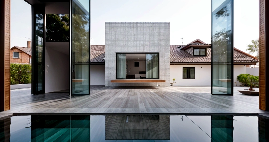 The house has a simple and neat architecture, boxy, with sharp and modern lines. Construction materials such as brick, concrete, glass and metal are widely used to create a modern and shiny appearance.

The front of the house often has large windows or glass walls to maximize natural light and views. The doors are designed spaciously and can open to the garden or front balcony, creating an open and airy living space.

The interior often has an open design, with the living space, kitchen and dining room connected to each other in a reasonable and convenient way. Use simple materials and furniture such as natural wood, steel and glass, combined with elegant colors such as white, gray, and black to create an elegant and modern look.

The outside surface of the house is often planted with trees to cool and beautify, and also help reduce noise from the urban environment. This design often creates harmony between modern living space and the requirements of life in the city.
Realistic images, 8k, extremely high resolution