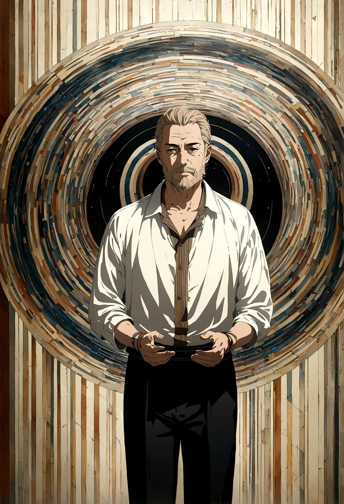 A middle-aged man with mid-length light brown hair, a mole under his eye, and facial hair, in a cowboy shot, Conceptual art, Op art, anime style, masterpiece quality, accurate details, 1080P, 4K