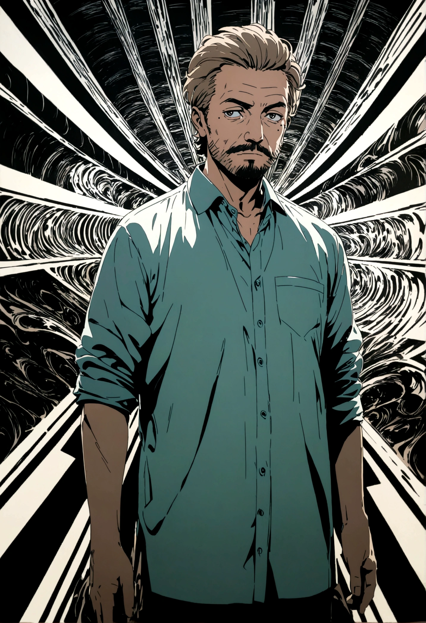 A middle-aged man with mid-length light brown hair, a mole under his eye, and facial hair, in a cowboy shot, Conceptual art, Op art, anime style, masterpiece quality, accurate details, 1080P, 4K