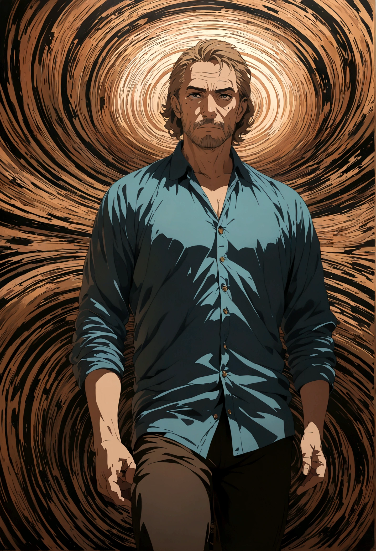 A middle-aged man with mid-length light brown hair, a mole under his eye, and facial hair, in a cowboy shot, Conceptual art, Op art, anime style, masterpiece quality, accurate details, 1080P, 4K