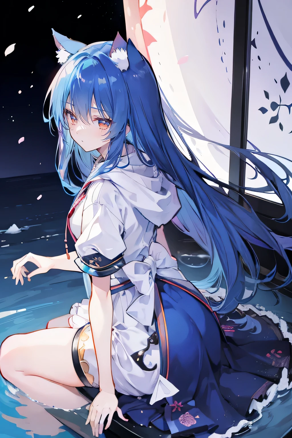 （masterpiece：1.2），Super detailed，lifelike，Expressive eyes，fair skin，perfect face shape，1 girl，
Japanese comics,Gorgeous blue hair,flowing blue hair,flowing clothes,Cat ears,Petals fall,beautiful lola,Baby Angel,
Shaking head with one hand，Cross your legs，Gentle and peaceful background，The pavilion is cool and comfortable,smile, wearing hoodie, background of tokyo,back views,snowing, winter,lie on the water. 
