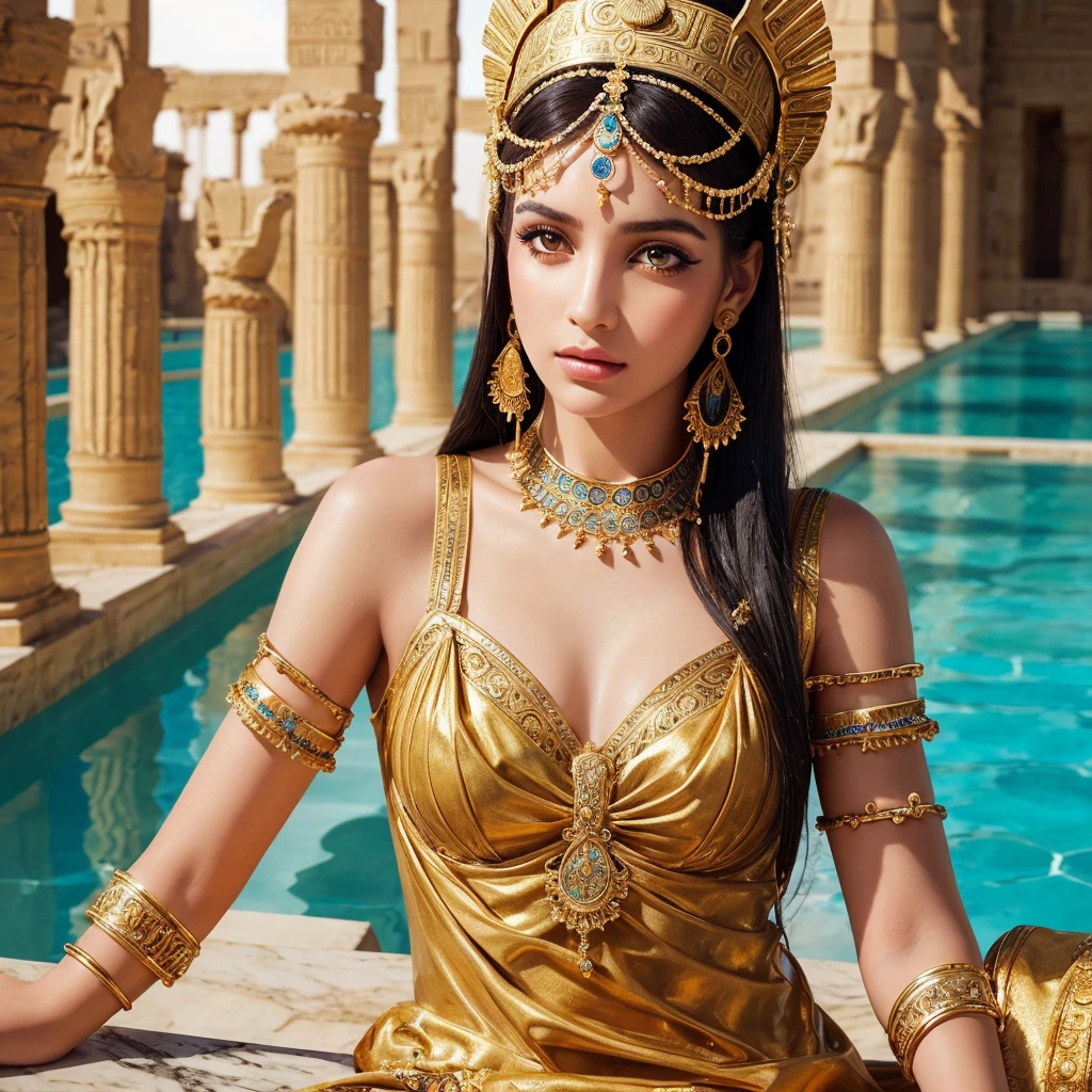1girl,cleopatra,sitting on edge of bathing pool,palace,egypt,beautiful detailed eyes,beautiful detailed lips,extremely detailed face and features,long eyelashes,intricate jewelry,ornate headdress,flowing dress,rippling water,marble architecture,dramatic lighting,golden accents,warm color palette,photorealistic,masterpiece,high resolution,hyper detailed