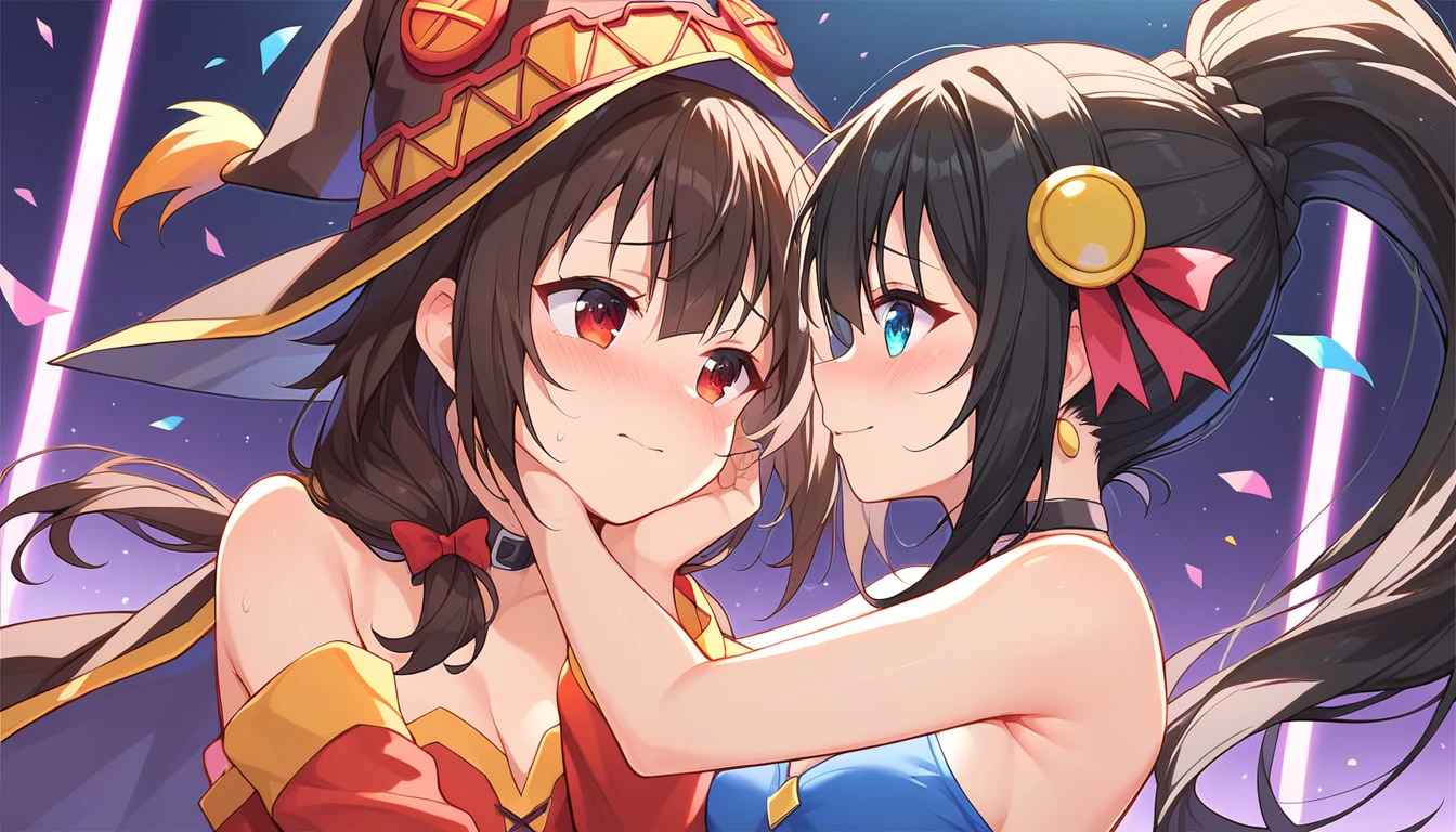 ((2girls:1.3)), ((moe style:1.3)), ((rave party:1.3)), bunny girl outfit, ((kabedon:1.3)), ((hand on face:1.3)), teasing, ((medium full shot)), yuri, ((black hair:1.3)), megumin (konosuba), yunyun (konosuba), ((shy:1.3)), blush, ((perfect face)), ((extremely cute:1.3)), ((masterpiece:1.3)), ((8k)), ((best quality:1.3)), ((beautiful)), ((extremely detailed:1.3)) , ((absurdres)), AddXL, ((score_9:1.3)), ((score_8_up:1.3)), ((score_7_up:1.3)), Expressiveh